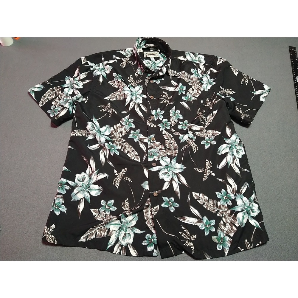 Milano Bay Shirt Men M Black‎ Floral Tropical Hawaiian Vacation Short Sleeve